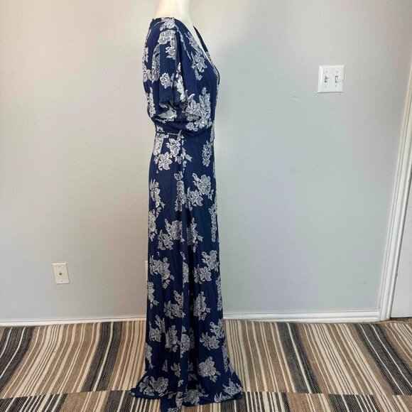 Lulus Women's Heart of Marigold Wrap Maxi Dress 100% Rayon Floral Navy Blue Sz L - Picture 5 of 16